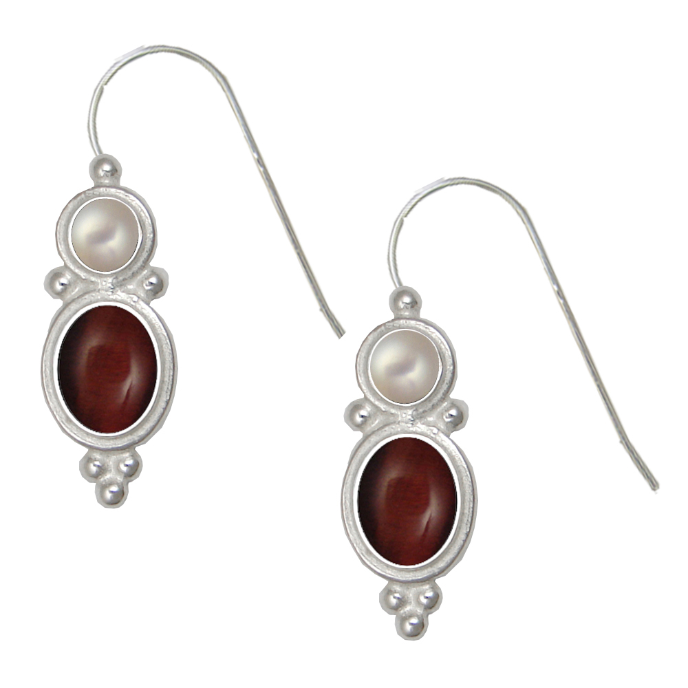 Sterling Silver Drop Dangle Earrings Red Tiger Eye And Cultured Freshwater Pearl